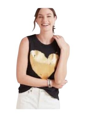CHASER x Evereve Gold Heart Graphic Muscle Tank Black Large Sleeveless Tee